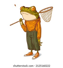 The Moth Catcher, vector illustration. Dreamy anthropomorphic frog holding a butterfly net over his shoulder and observing flying moth. Humanized hipster toad. An animal character with a human body.