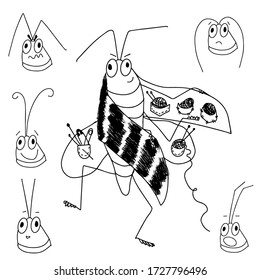 moth character emotions set black and white