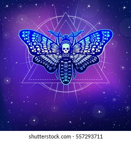 Moth Dead Head. Esoteric symbol.  Sacred geometry. Background - colorful space, the star sky.  Vector illustration. Print, posters, t-shirt, card. 