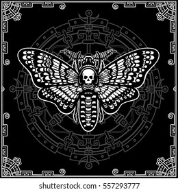 Moth Dead Head. Esoteric symbol. Black background, decorative frame, mystical circle.  Vector illustration. Print, posters, t-shirt, card. 