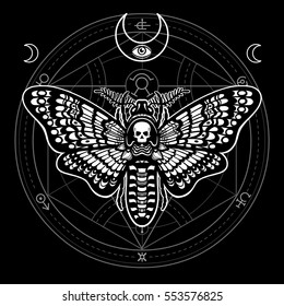 Moth Dead Head. Mystical circle. Esoteric symbol, sacred geometry. Sign of the moon. Monochrome drawing isolated on a black background. Vector illustration. Print, posters, t-shirt, textiles.