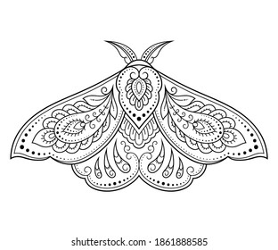 Moth decorated with Indian ethnic floral vintage pattern. Hand drawn decorative insect in doodle style. Stylized mehndi ornament for tattoo, print, design for room, cover, book and coloring page.