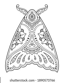 Moth decorated with Indian ethnic floral vintage pattern. Hand drawn decorative insect in doodle style. Stylized mehndi ornament for tattoo, print, design for room, cover, book and coloring page.