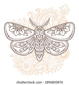 Moth decorated with Indian ethnic floral vintage pattern. Hand drawn decorative insect in doodle style. Stylized mehndi ornament for tattoo, print, design for room, cover, book and coloring page.