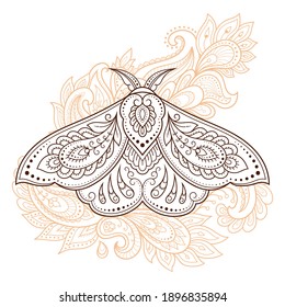 Moth decorated with Indian ethnic floral vintage pattern. Hand drawn decorative insect in doodle style. Stylized mehndi ornament for tattoo, print, design for room, cover, book and coloring page.