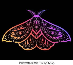 Moth decorated with Indian ethnic floral vintage pattern. Hand drawn decorative insect in doodle style. Stylized mehndi ornament for print, design for room, cover. Rainbow design on black background.