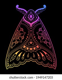 Moth decorated with Indian ethnic floral vintage pattern. Hand drawn decorative insect in doodle style. Stylized mehndi ornament for print, design for room, cover. Rainbow design on black background.
