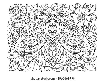 Moth decorated with Indian ethnic floral vintage pattern. Hand drawn decorative insect in doodle style. Stylized mehndi ornament for tattoo, print, design for room, cover, book and coloring page.