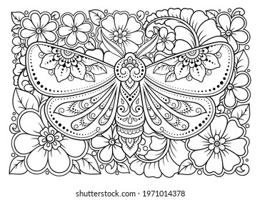 Moth decorated with Indian ethnic floral vintage pattern. Hand drawn decorative insect in doodle style. Stylized mehndi ornament for tattoo, print, design for room, cover, book and coloring page.