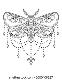 Moth decorated with Indian ethnic floral vintage pattern. Hand drawn decorative insect in doodle style. Stylized mehndi ornament for tattoo, print, design for room, cover, book and coloring page.