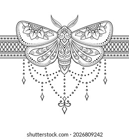 Moth decorated with Indian ethnic floral vintage pattern. Hand drawn decorative insect in doodle style. Stylized mehndi ornament for tattoo, print, design for room, cover, book and coloring page.