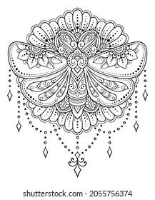 Moth decorated with Indian ethnic floral vintage pattern. Hand drawn decorative insect in doodle style. Stylized mehndi ornament for tattoo, print, design for room, cover, book and coloring page.