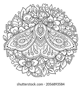 Moth decorada con un patrón indio de cosecha floral. Insectos decorativos dibujados a mano en estilo doodle. Méndez estilizada ornamento para tatuajes, impresión, diseño para habitación, portada, libro y página de coloreado.