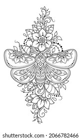 Moth decorada con un patrón indio de cosecha floral. Insectos decorativos dibujados a mano en estilo doodle. Méndez estilizada ornamento para tatuajes, impresión, diseño para habitación, portada, libro y página de coloreado.