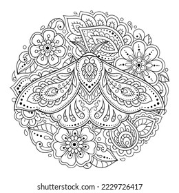 Moth decorated with Indian ethnic floral vintage pattern. Hand drawn decorative insect in doodle style. Stylized mehndi ornament for tattoo, print, design for room, cover, book and coloring page.