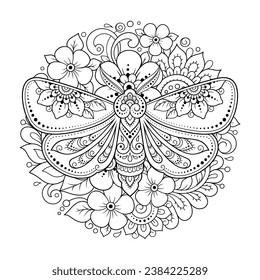 Moth decorated with Indian ethnic floral vintage pattern. Hand drawn decorative insect in doodle style. Stylized mehndi ornament for tattoo, print, design for room, cover, book and coloring page.