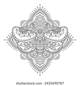 Moth decorated with Indian ethnic floral vintage pattern. Hand drawn decorative insect in doodle style. Stylized mehndi ornament for tattoo, print, design for room, cover, book and coloring page.