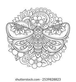 Traça decorada com padrão indiano de vintage floral étnico. Inseto decorativo desenhado à mão em estilo doodle. Ornamento de méndi estilizado para tatuagem, impressão, design para quarto, capa, livro e página de coloração.