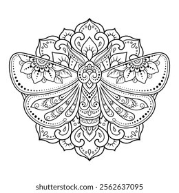 Moth decorated with Indian ethnic floral vintage pattern. Hand drawn decorative insect in doodle style. Stylized mehndi ornament for tattoo, print, design for room, cover, book and coloring page.