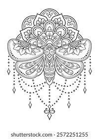 Moth decorated with Indian ethnic floral vintage pattern. Hand drawn decorative insect in doodle style. Stylized mehndi ornament for tattoo, print, design for room, cover, book and coloring page.