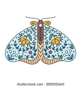 Moth decorated with ornaments, decorative element, flat design. Isolated vector illustration on white background