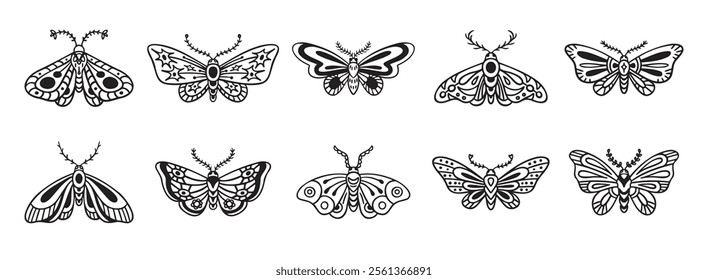 Moth doodle hand drawn icon set. Outline drawing moth line clipart symbol collection. Vector illustration