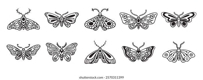 Moth doodle hand drawn icon set. Outline drawing moth line clipart symbol collection. Vector illustration