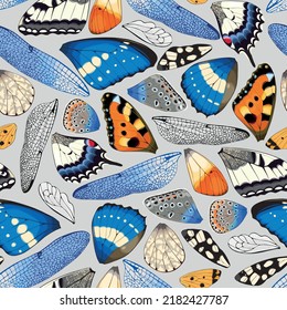 Moth and dragonfly wings vector seamless pattern