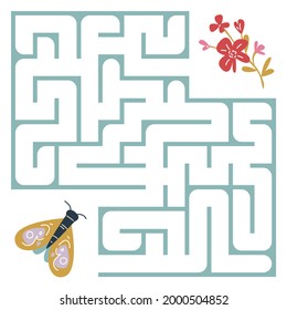 The moth flies to the red flower through the maze. Square maze. Labyrinth for a child s problem. The development of preschoolers. Vector illustration