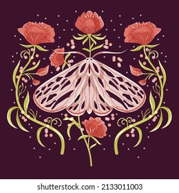 Moth and floral motifs, pattern design in symmetry. Colorful flat vector illustration with moth, flowers, floral elements and stars.