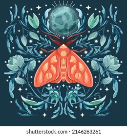 Moth and floral motifs, pattern design in symmetry. Colorful flat vector illustration with moth, flowers, floral elements and stars.