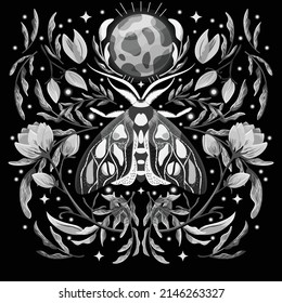 Moth and floral motifs, pattern design in symmetry. Monochrome black and white flat vector illustration with moth, flowers, floral elements and stars.