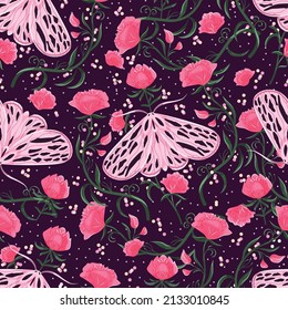 Motos de polilla y floral, diseño de patrones sin fisuras. Ilustración vectorial plana colorida con polilla, flores, elementos florales y estrellas.