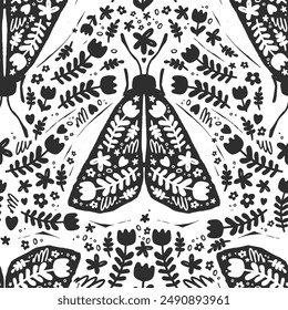 Moth with floral pattern, seamless pattern. Hand drawn vector illustration. Flying insect in Scandinavian style with flowers and vegetation. In folk style. For textile design, wallpaper