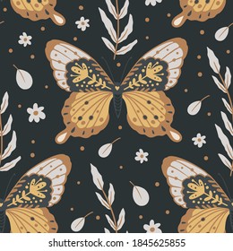 Moth, Flower And Leaves Vector Seamless Pattern. Night Butterfly Nature Illustration. Boho Insect Background.