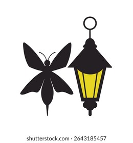Moth Flying Near Lantern Light Silhouette Vector