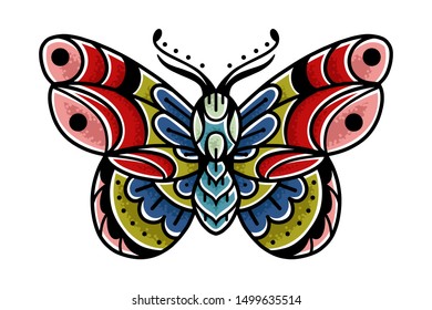 Moth hand drawing old school tattoo. Vector illustration on white background.