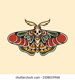 Moth hand drawing old school tattoo. Design element for poster, card, banner. Vector illustration.