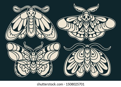 Moth hand drawing old school tattoo. Design element for poster, card, banner. Vector illustration.