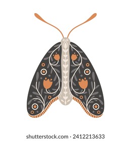 Moth icon with ornament of flowers and leaves. Vintage mystical moth or butterfly. Flying celestial insect, vector illustration