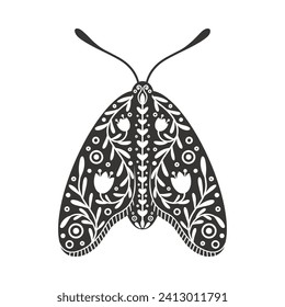 Moth icon with ornament of flowers and leaves. Vintage silhouette of black and white mystical moth or butterfly. Flying celestial insect, vector illustration