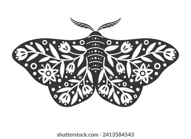 Moth icon with ornament of flowers and leaves. Vintage silhouette of black and white mystical moth or butterfly. Flying celestial insect, vector illustration