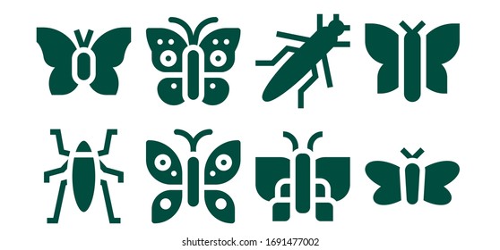 Moth Icon Set. 8 gefüllte Mottensymbole. Insekt, Schmetterling, Grasshopper, Mothymicons