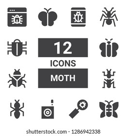 moth icon set. Collection of 12 filled moth icons included Butterfly, Bug, Ant, Mantis