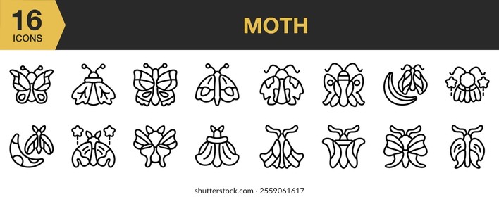 Moth icon set. Includes Rhopalocera, Moth, Insect, Butterfly, Animalia, and More. Outline icons vector collection.