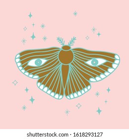 Moth illustration doodle with stars isolated on pink background. Poster, print, banner. Magical, mystical eyes, witchcraft, occult.