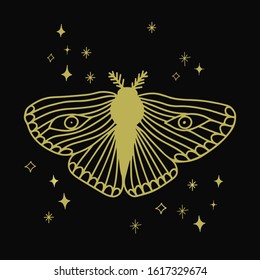 Moth illustration golden line art doodle with stars on black background. Poster, print, banner. Magical, mystical eyes, witchcraft, occult.