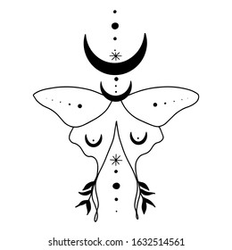 Moth illustration golden line art doodle with stars on black background. Poster, print, banner. Magical, mystical eyes, witchcraft, occult.