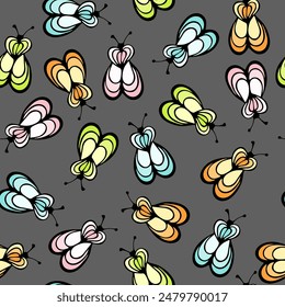 Ilustración de dibujos animados de insecto de polilla Vector patrón sin fisuras.  Estampado de paños de bebé. Abeja de abeja abstracta que repite el patrón de verano. Niños dibujando Fondo de pantalla.
