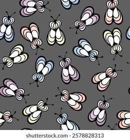 Moth insect cartoon illustration vector seamless pattern.  Baby cloth tissue print. Bumble abstract repeating summer pattern. Children drawing wallpaper.